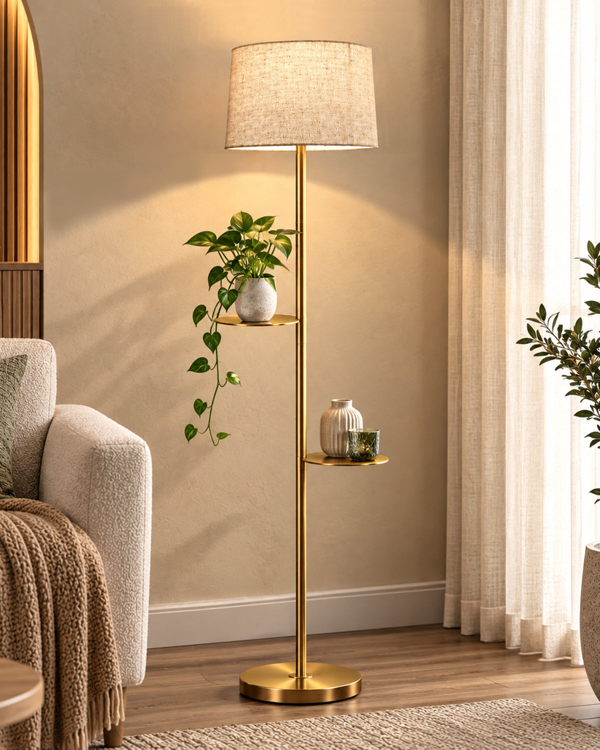 Contemporary Duo Shelf Metal Floor Lamp, Bedside Living room Office Home Decor Lamp, Golden