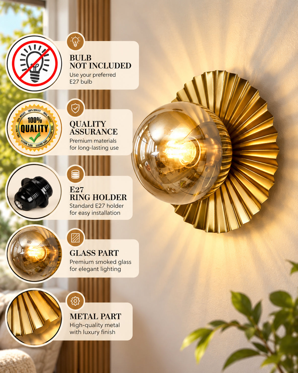 Homesake® Sunflower Wall Lamp with Glass Globe | Modern Gold Metal Wall Light with E27 Ring Holder | Decorative Wall Sconce for Bedroom, Living Room, Hallway & Home Decor