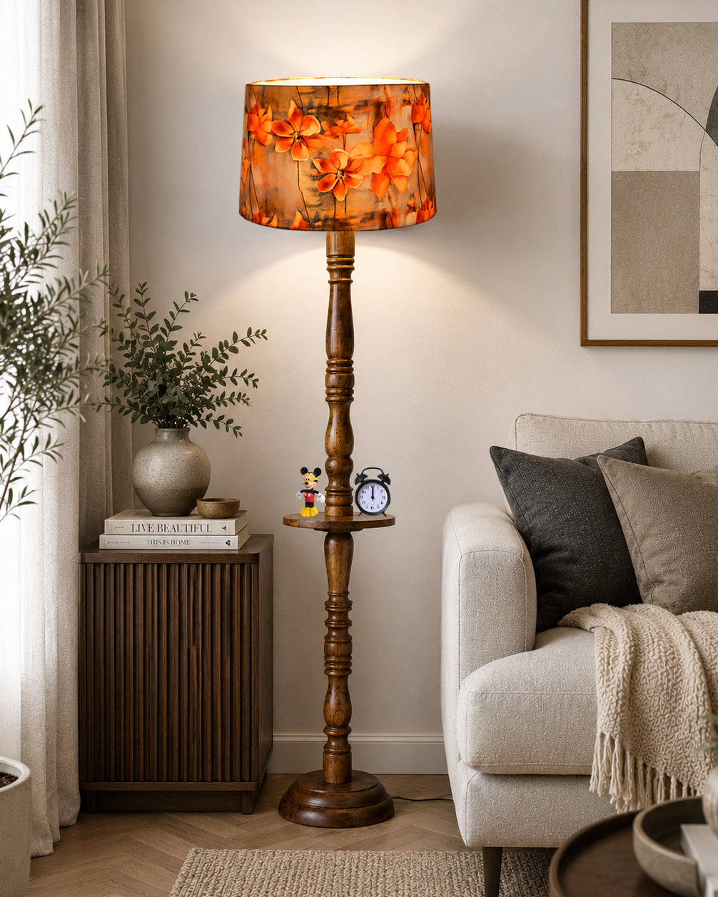 Rustic Wood Floor Lamp in Walnut Brown with Multicolor Fabric Lamp Shade | Light Decoration for Home Corner | Living Room & Bedroom Bedside Floor Lamp, Antique Floor Light, Tray End Table, Bird