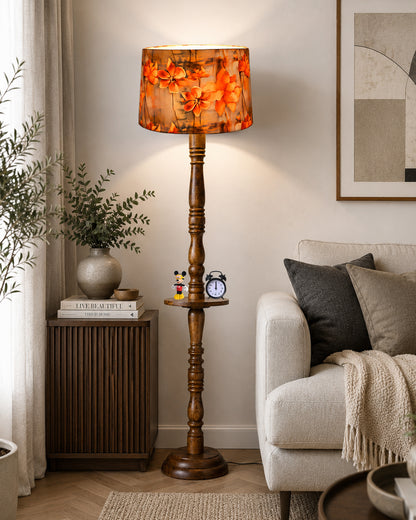 Rustic Wood Floor Lamp in Walnut Brown with Multicolor Fabric Lamp Shade | Light Decoration for Home Corner | Living Room & Bedroom Bedside Floor Lamp, Antique Floor Light, Tray End Table, Bird