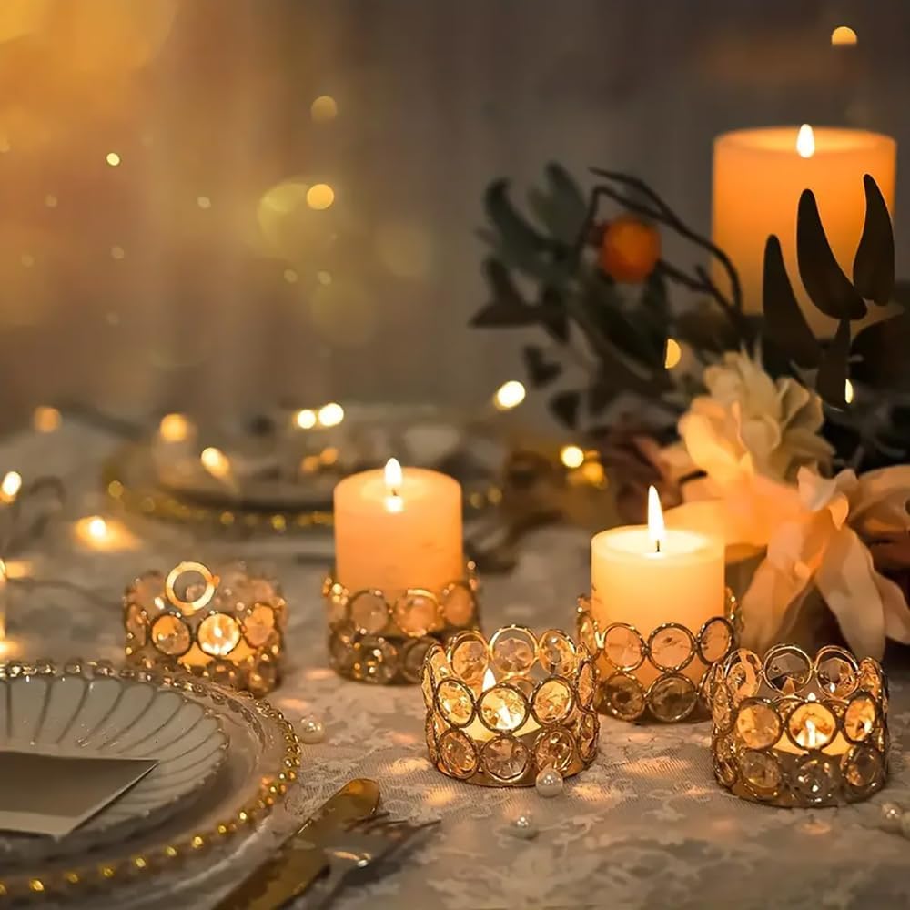 Crystal Tealight Candle Holder Votives Bowl Candle Holders for Home Decoration, Diya Diwali Decoration Lights Centerpieces for Wedding Home Party Table Decoration, Gold, Pack of 6 & 10