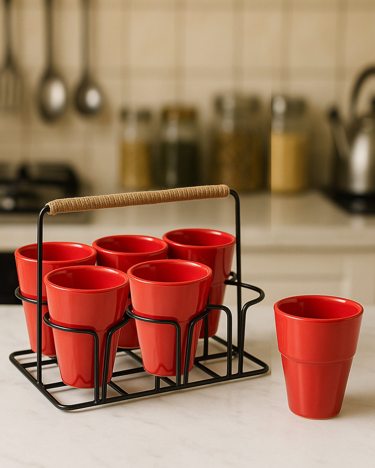 Homesake® Ceramic Chai Glass Set with Metal Stand, 6 Pieces Red Tea Glasses, Coffee, Kitchen, Dining Table & Home Serving, Dishwasher & Microwave Safe Tea Set, Hot & Cold Coffee Cup-120ml