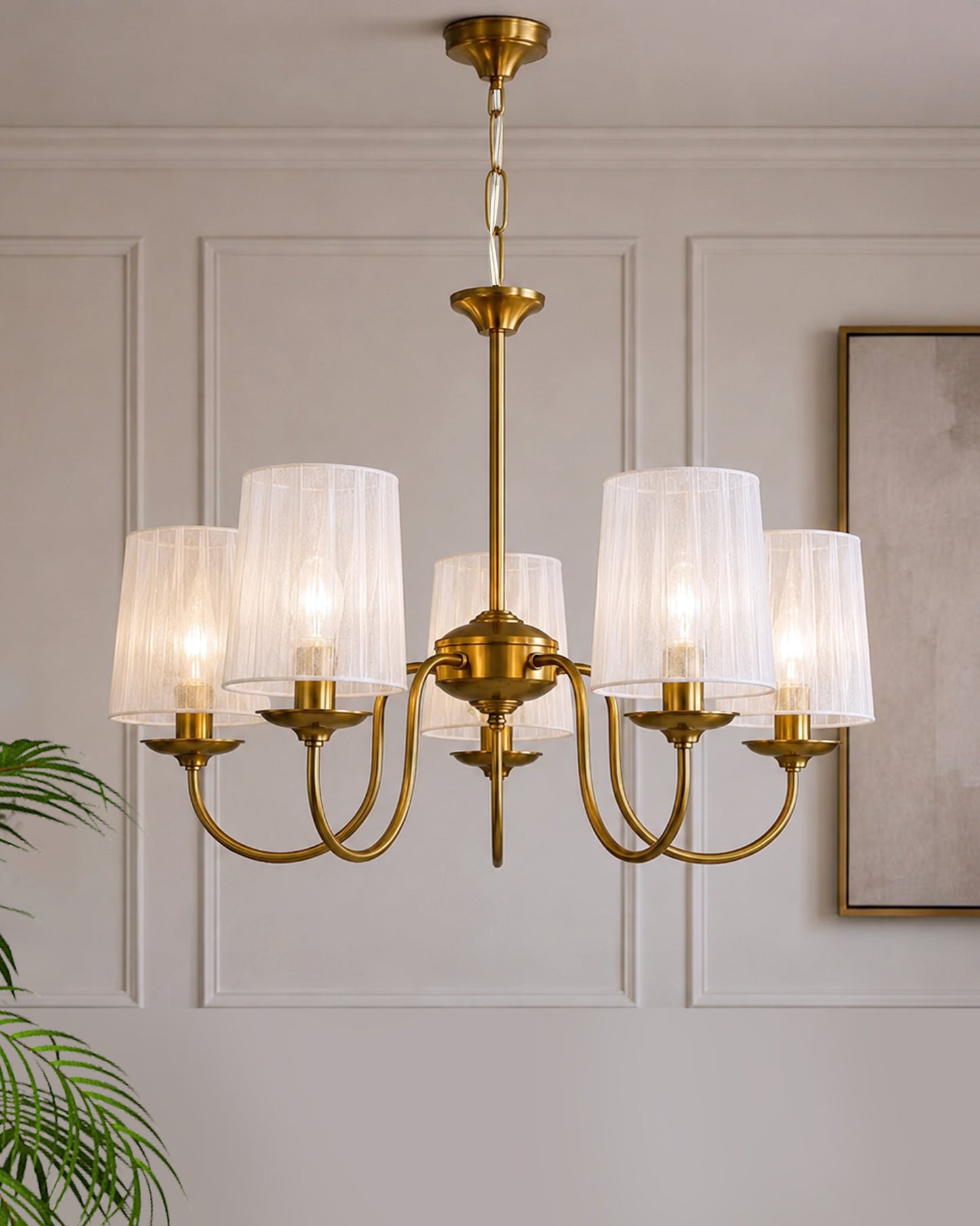 Homesake® 5-Light Brass Gold Chandelier with Fabric Shades, E27 Modern Hanging Ceiling Light for Living Room, Dining Room, Bedroom & Foyer