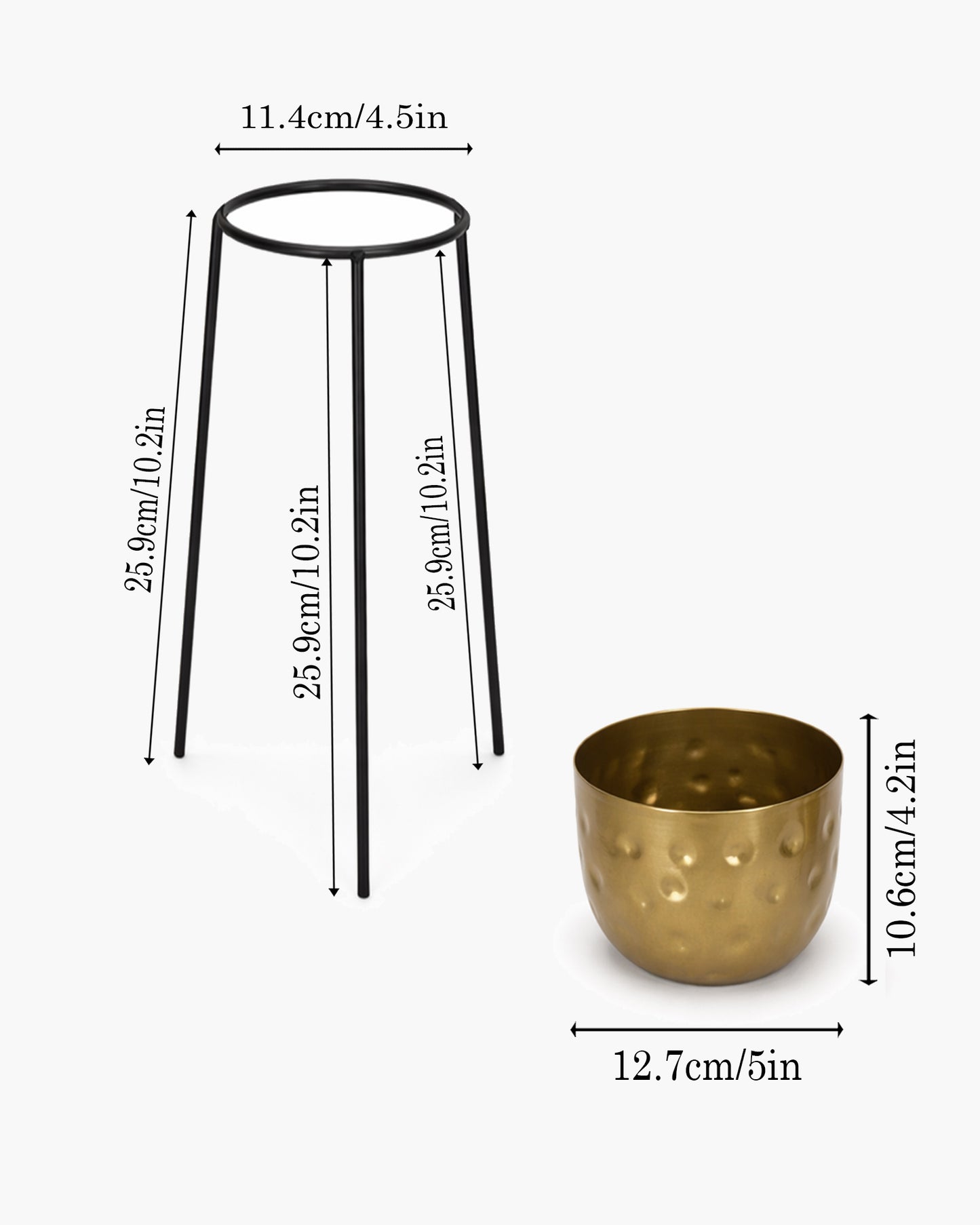 Metal Hammered Plant Pot with Stand, Set of 2 |Golden Decorative Modern Indoor Planter | Office Desk Pot with Black Metal Stand for Orchids Herbs Cacti Succulents