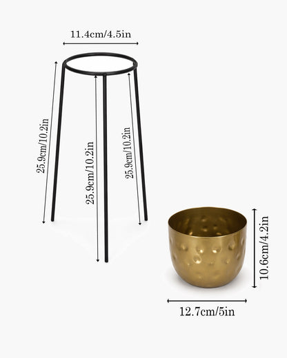 Metal Hammered Plant Pot with Stand, Set of 2 |Golden Decorative Modern Indoor Planter | Office Desk Pot with Black Metal Stand for Orchids Herbs Cacti Succulents