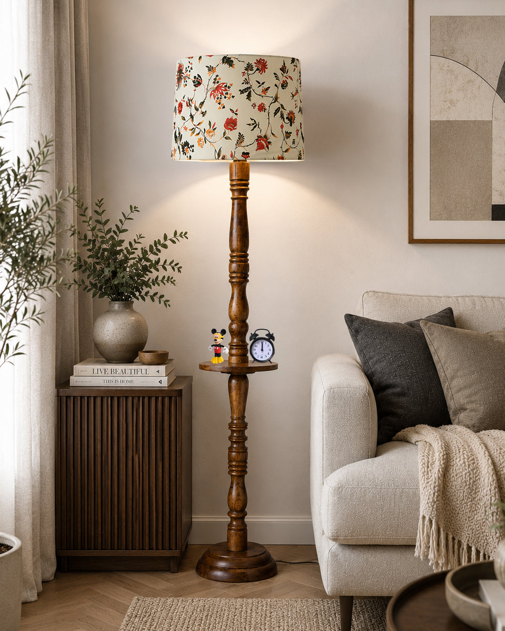 Rustic Wood Floor Lamp in Walnut Brown with Multicolor Fabric Lamp Shade | Light Decoration for Home Corner | Living Room & Bedroom Bedside Floor Lamp, Antique Floor Light, Tray End Table, Bird
