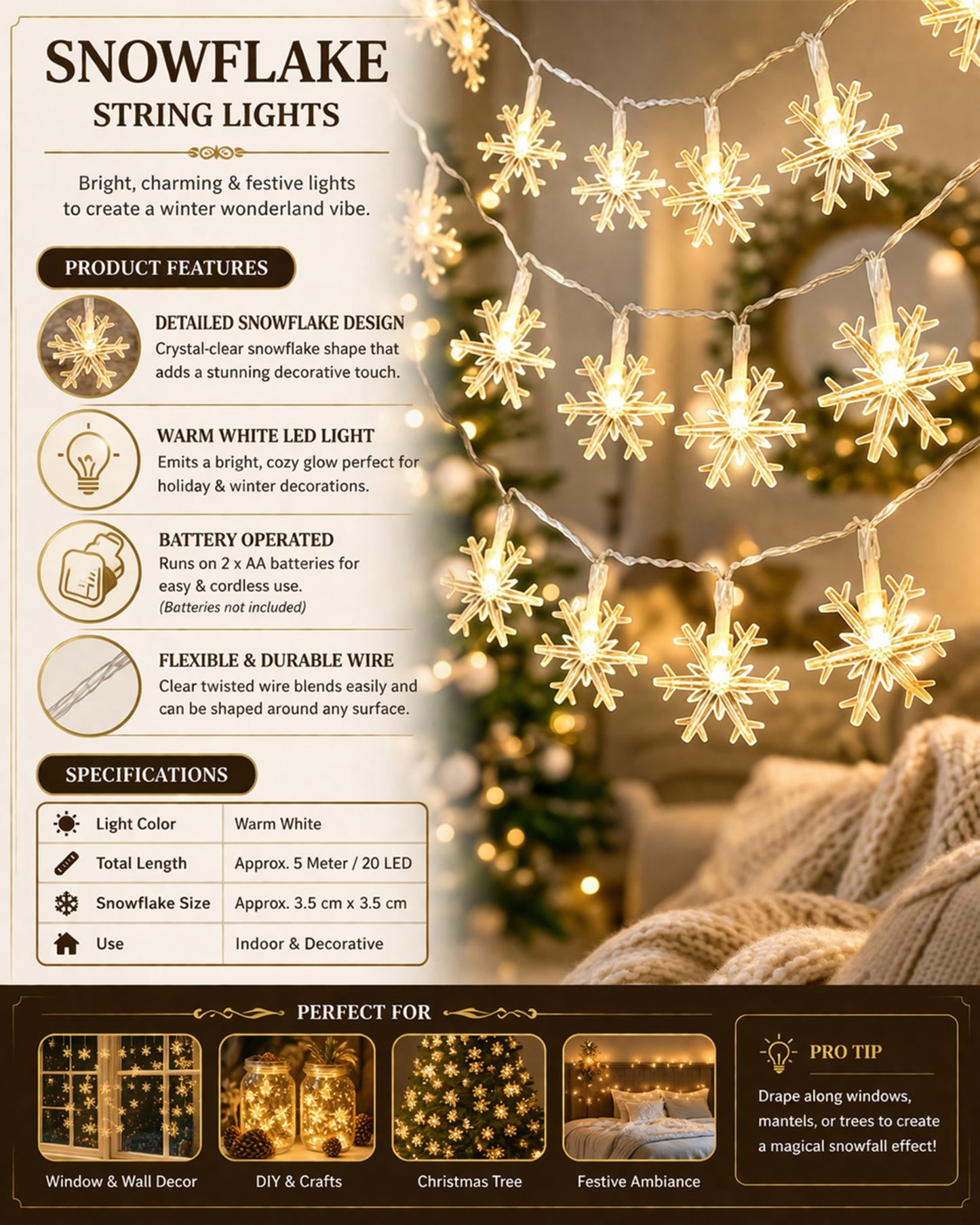 5M Snowflake Shaped LED String Lights for Christmas Indoor Outdoor, Party,Festival Garden Decor