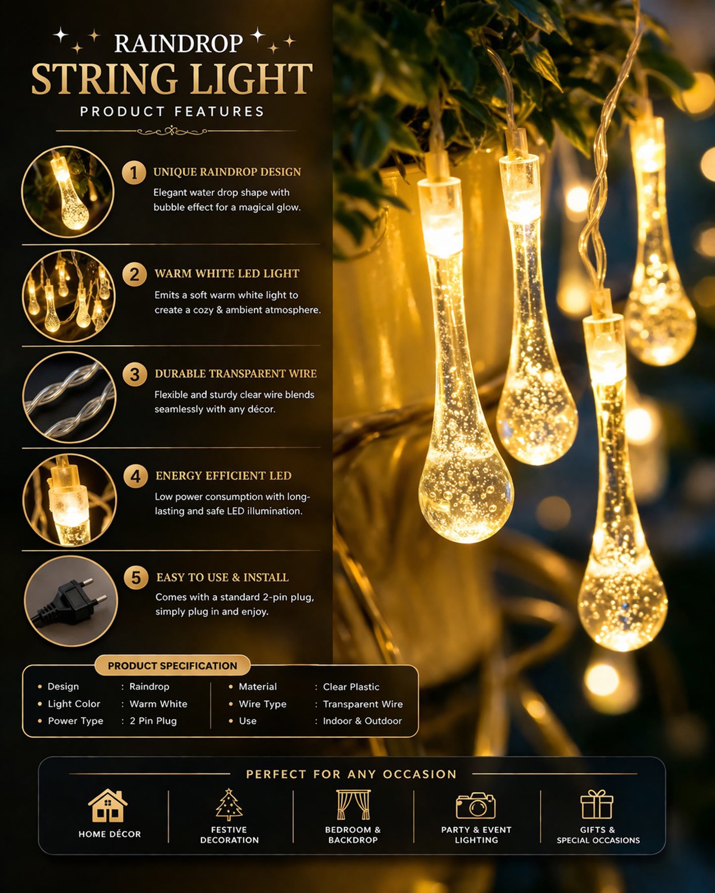 5M Snowflake Shaped LED String Lights for Christmas Indoor Outdoor, Party,Festival Garden Decor