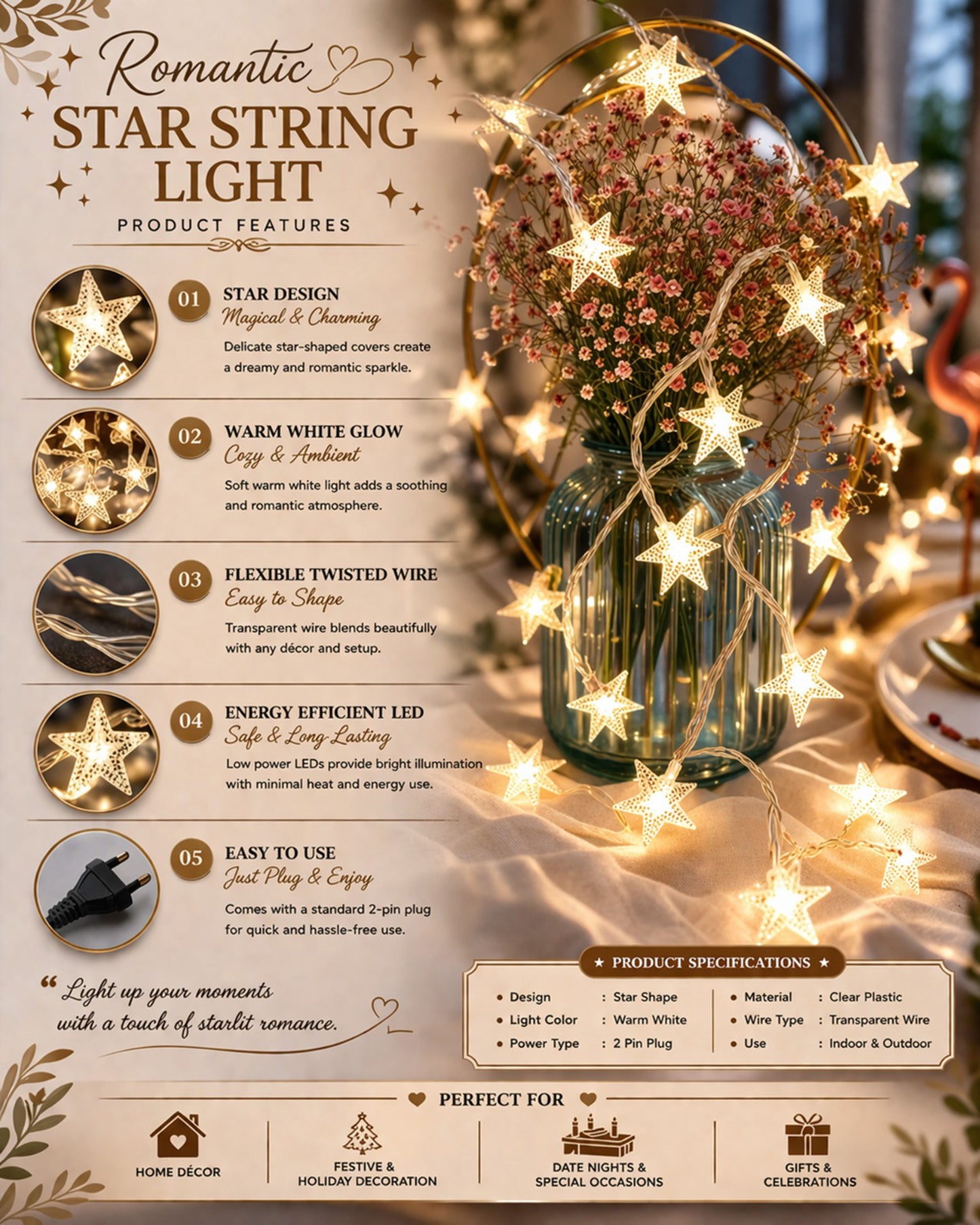 5M Snowflake Shaped LED String Lights for Christmas Indoor Outdoor, Party,Festival Garden Decor