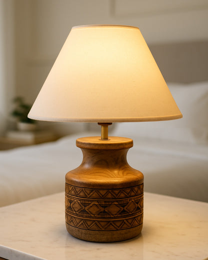 Wood Table Lamp, Modern Base Fabric Lampshade for Home Office Cafe Restaurant, Whitewash Pot