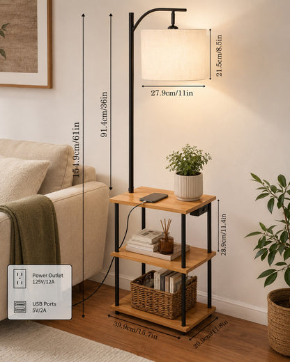 Modern Floor Lamp with Wooden Shelves & Charging Station | Bedside Lamp with USB Port, Power Outlet & Fabric Shade | Space-Saving Side Table Lamp for Living Room & Bedroom | Walnut Finish, Warm Ambient Lighting