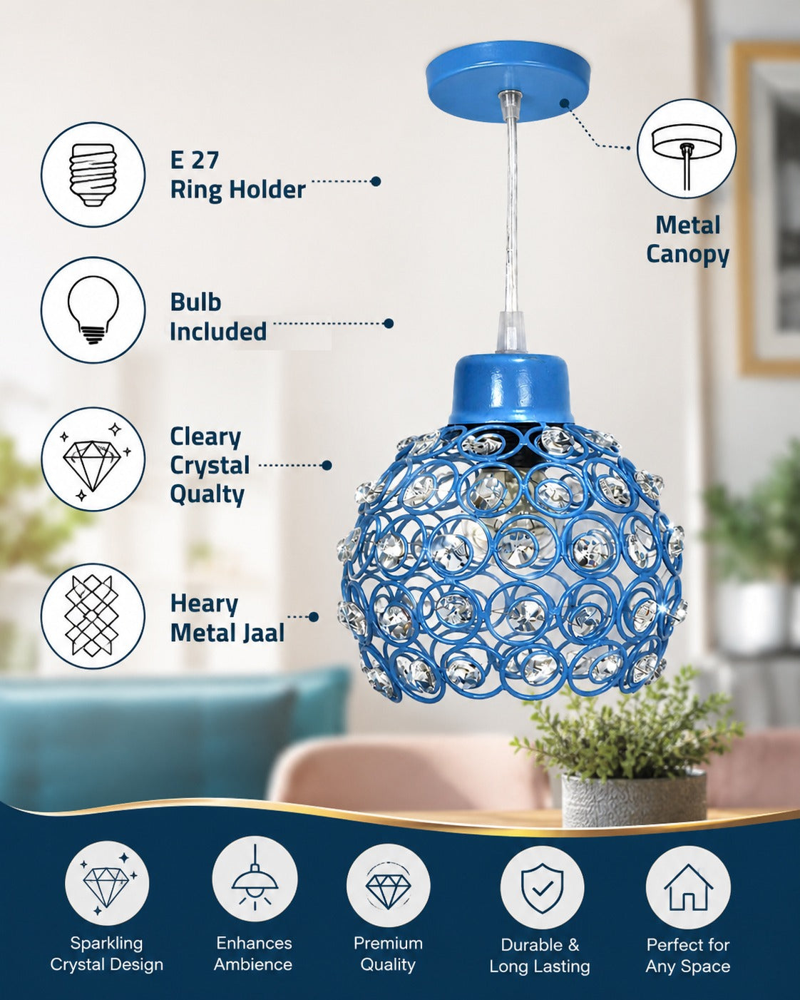 Homesake® Crystal Dual Half Globe Pendant Light, Black Metal Chandelier with Crystal Accents, Modern Hanging Ceiling Light Fixture for Living Room, Dining Room, Bedroom, Foyer & Hallway