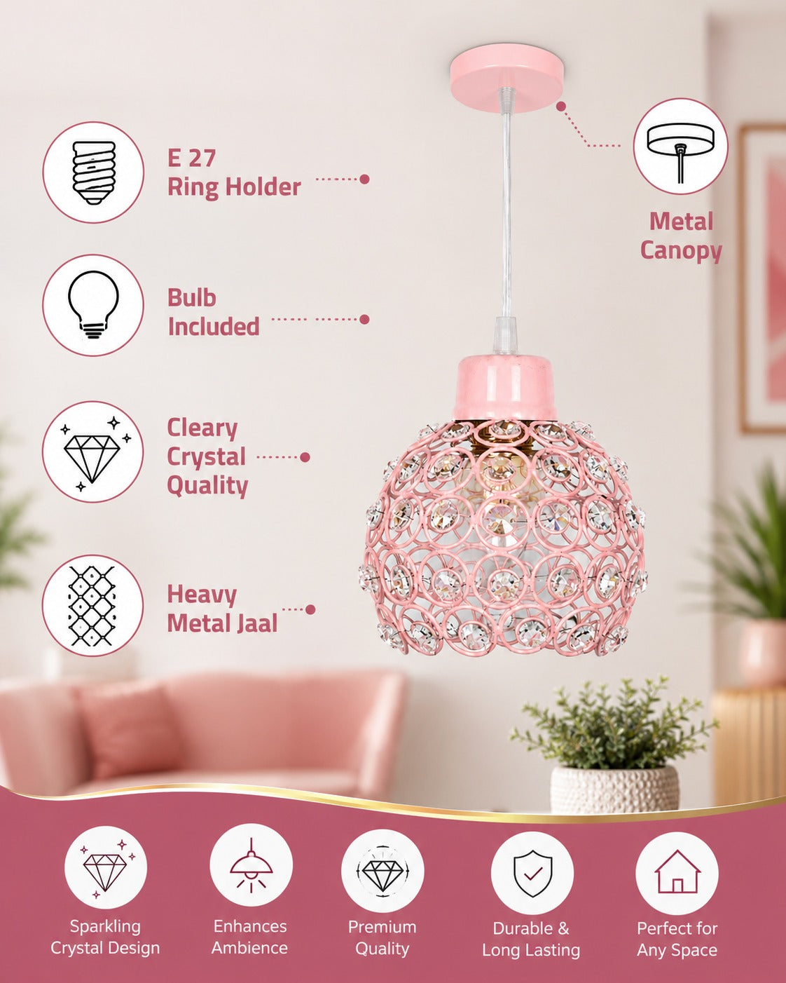 Homesake® Crystal Dual Half Globe Pendant Light, Black Metal Chandelier with Crystal Accents, Modern Hanging Ceiling Light Fixture for Living Room, Dining Room, Bedroom, Foyer & Hallway