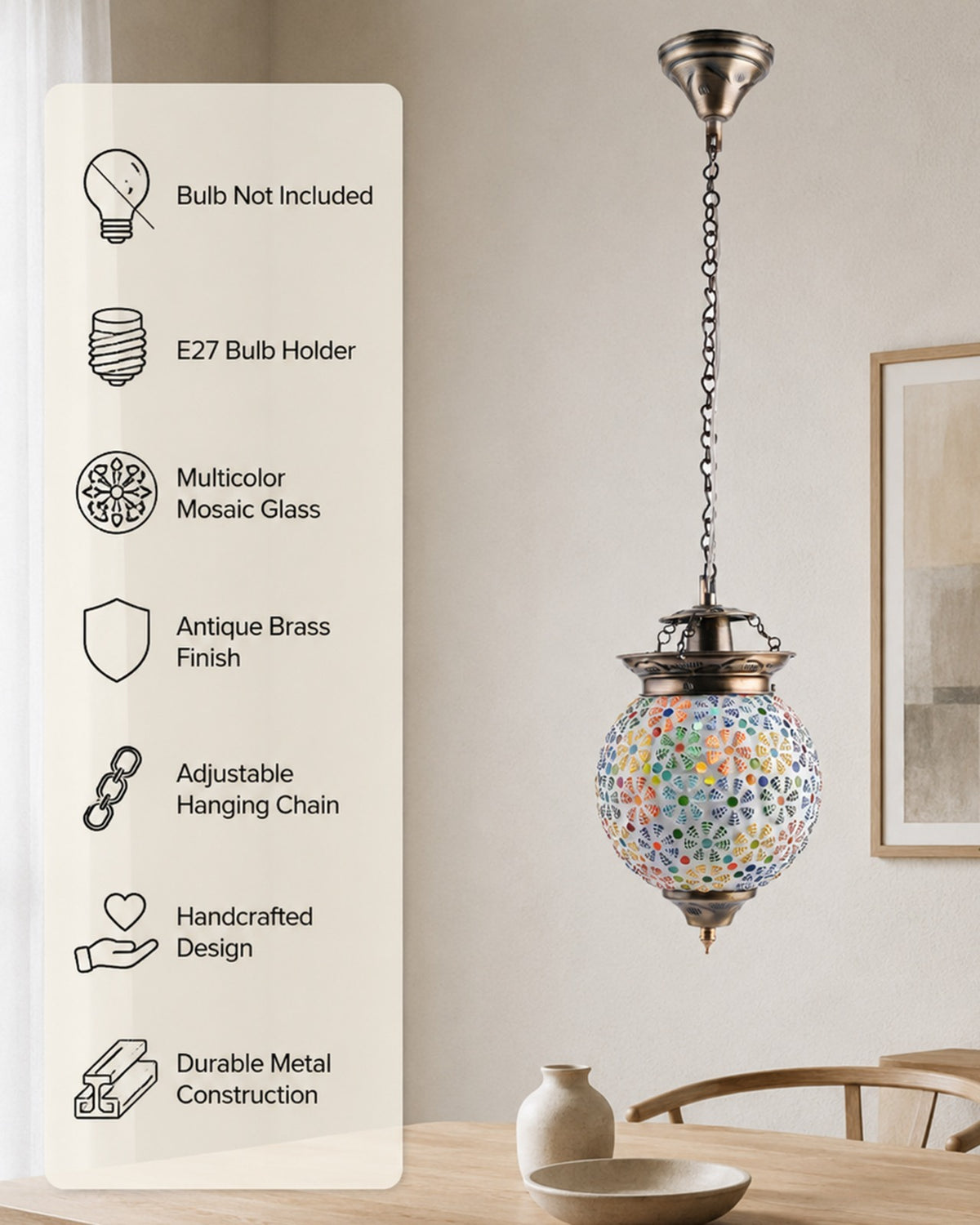 Antique Turkish Moroccan Mosaic Pendant with Metal Ceiling Hanging Light