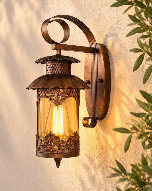 Rustic Wall Light Fixtures, Oil Rubbed Rust Finish Indoor Vintage Wall Sconce Industrial Lamp Fixture Glass Shade Farmhouse Metal Sconces for Bedroom Living Room Cafe, Wall Filgree Cylinder
