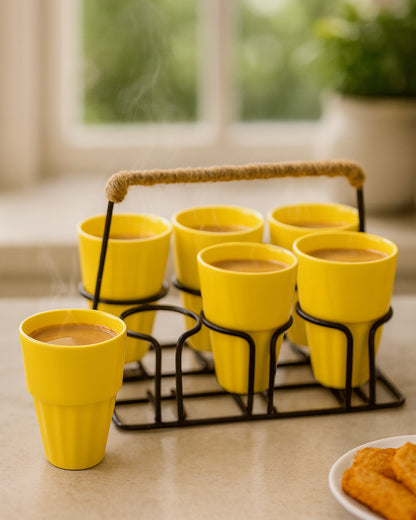 Homesake® Ceramic Chai Glass Set with Metal Stand, 6 Pieces Red Tea Glasses, Coffee, Kitchen, Dining Table & Home Serving, Dishwasher & Microwave Safe Tea Set, Hot & Cold Coffee Cup-120ml