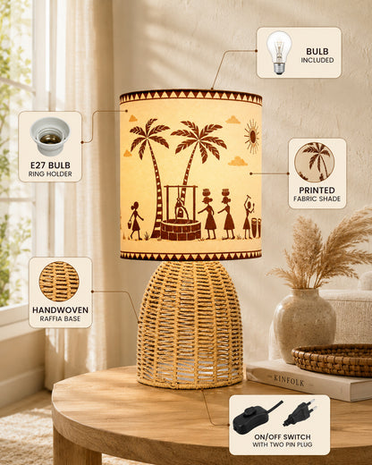 Homesake® Raffia Rattan Table Lamp with Fabric Shade, Small Nightstand Lamp, Natural Wicker Bedside Lamp for Bedroom, Living Room, Study & Home Décor, Livra Collection | E27 Holder