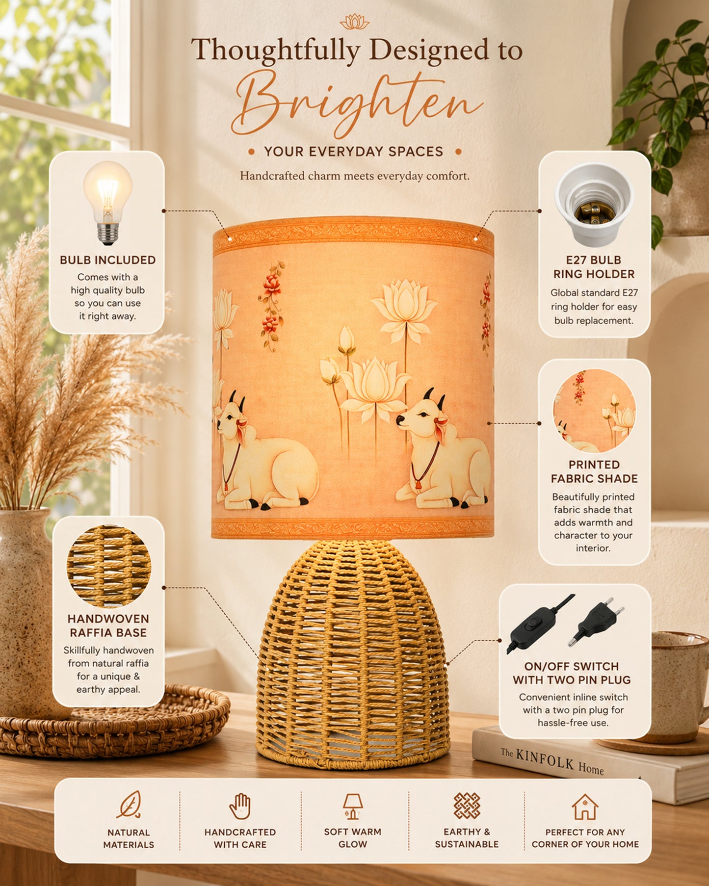 Homesake® Raffia Rattan Table Lamp with Fabric Shade, Small Nightstand Lamp, Natural Wicker Bedside Lamp for Bedroom, Living Room, Study & Home Décor, Livra Collection | E27 Holder