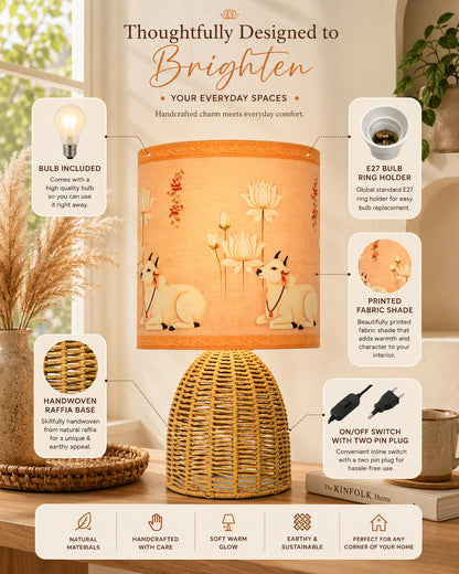 Homesake® Raffia Rattan Table Lamp with Fabric Shade, Small Nightstand Lamp, Natural Wicker Bedside Lamp for Bedroom, Living Room, Study & Home Décor, Livra Collection | E27 Holder