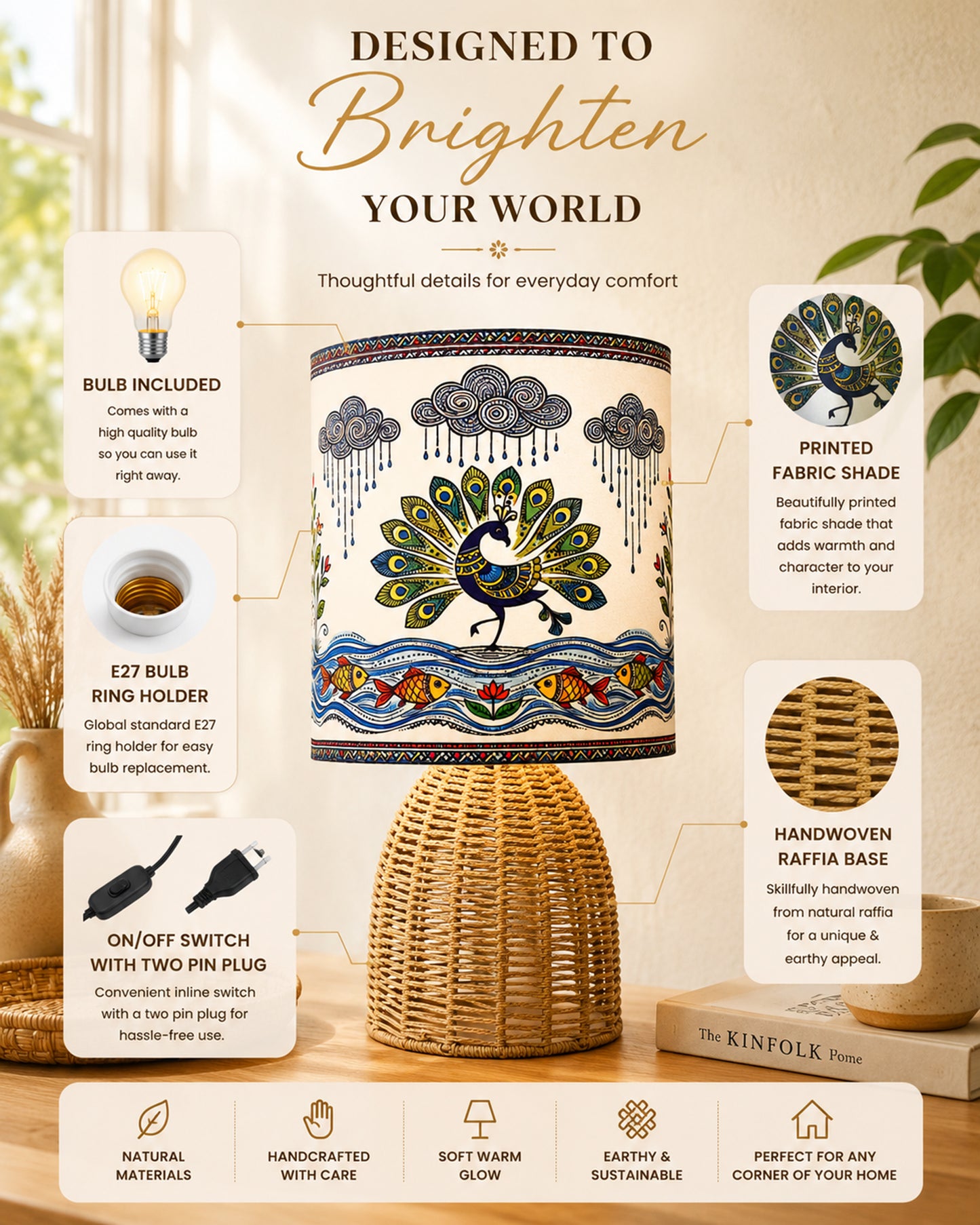 Homesake® Raffia Rattan Table Lamp with Fabric Shade, Small Nightstand Lamp, Natural Wicker Bedside Lamp for Bedroom, Living Room, Study & Home Décor, Livra Collection | E27 Holder