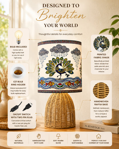 Homesake® Raffia Rattan Table Lamp with Fabric Shade, Small Nightstand Lamp, Natural Wicker Bedside Lamp for Bedroom, Living Room, Study & Home Décor, Livra Collection | E27 Holder
