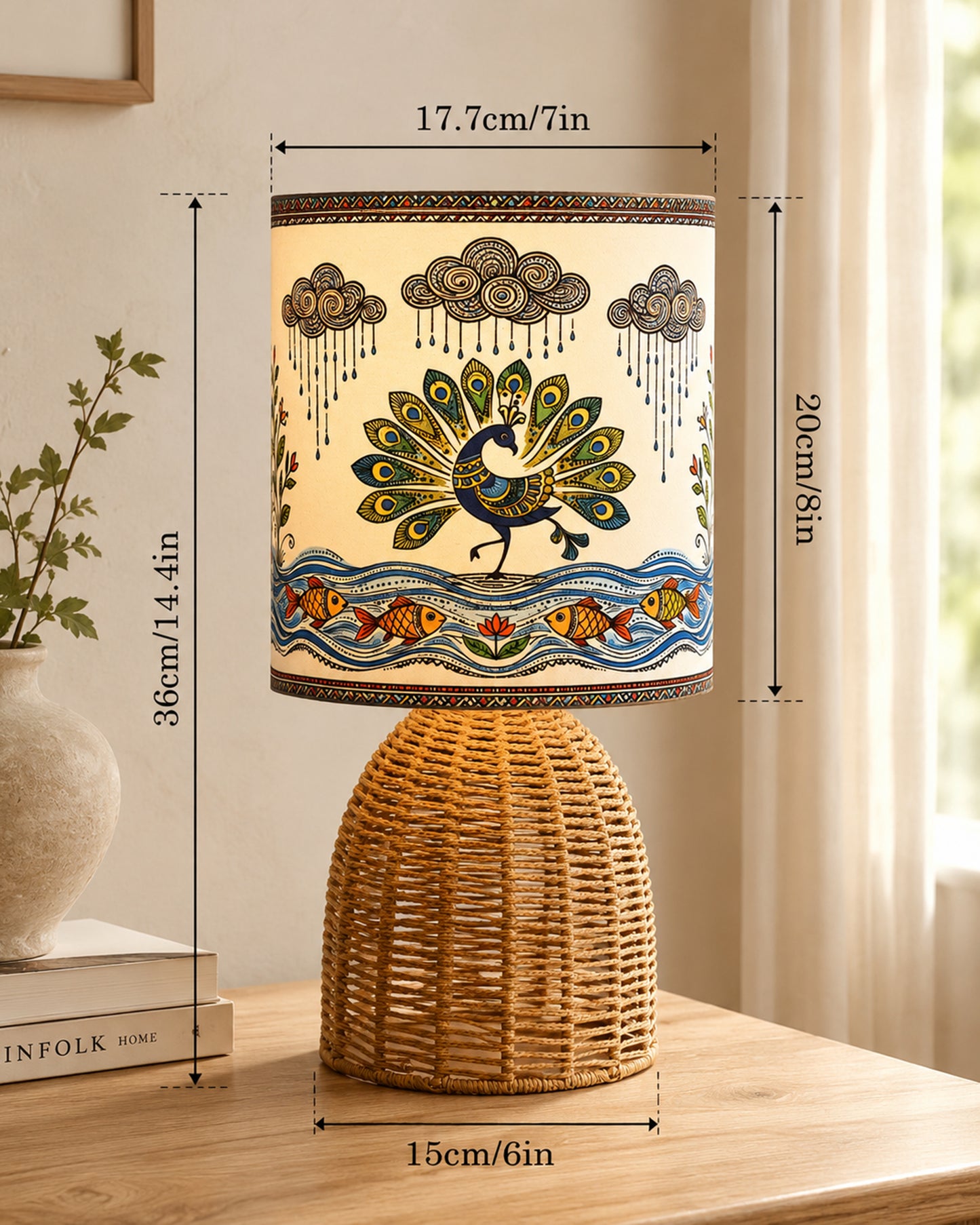 Homesake® Raffia Rattan Table Lamp with Fabric Shade, Small Nightstand Lamp, Natural Wicker Bedside Lamp for Bedroom, Living Room, Study & Home Décor, Livra Collection | E27 Holder