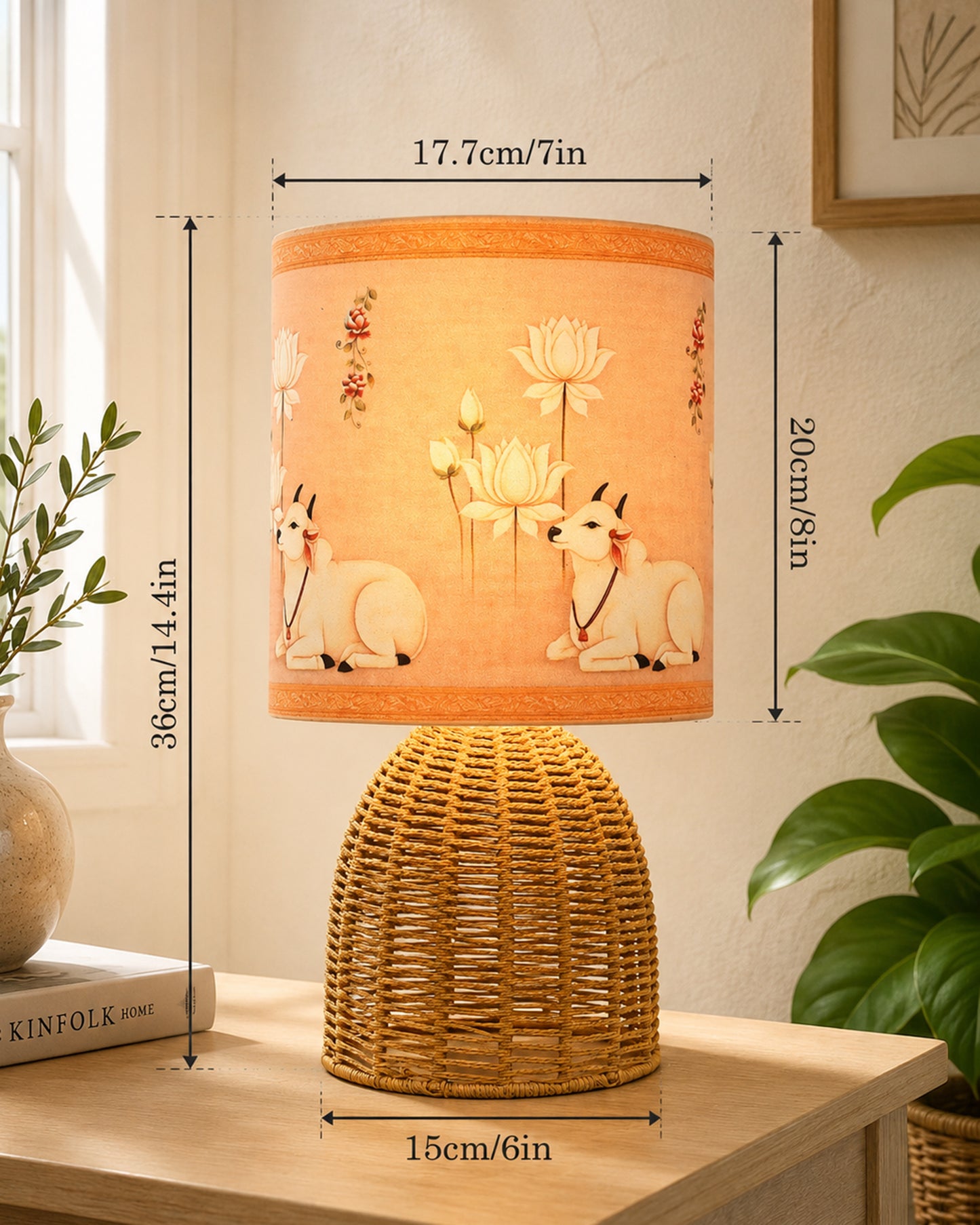 Homesake® Raffia Rattan Table Lamp with Fabric Shade, Small Nightstand Lamp, Natural Wicker Bedside Lamp for Bedroom, Living Room, Study & Home Décor, Livra Collection | E27 Holder