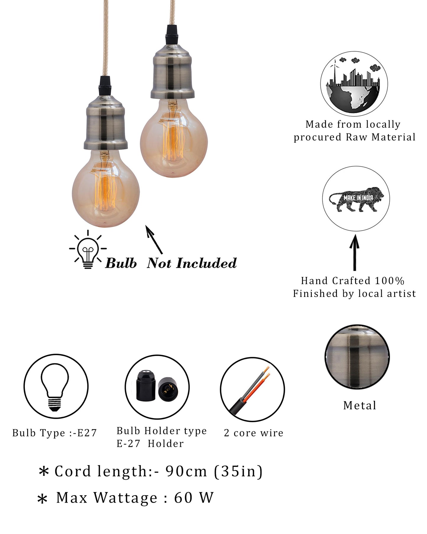 Homesake® Edison Filament Metallic Black Bronze Bulb Holder, Urban, Retro, Nordic Style, With Fixture, Set of 2