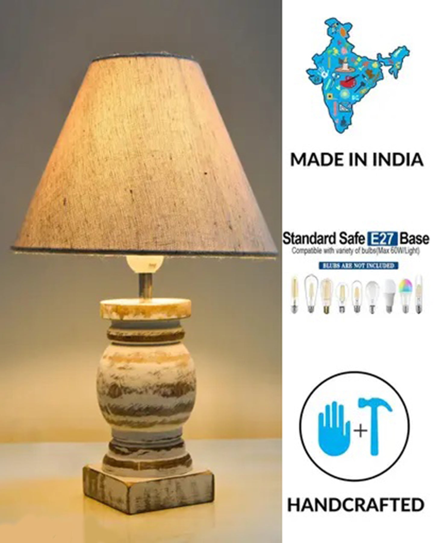 Small Table Lamp for Bedroom Whitewash Distress Living Room Simple Retro Wood Grain Farmhouse Bedside Lamps Suitable for Nightstand, Gift, Trophy, Jute Shade