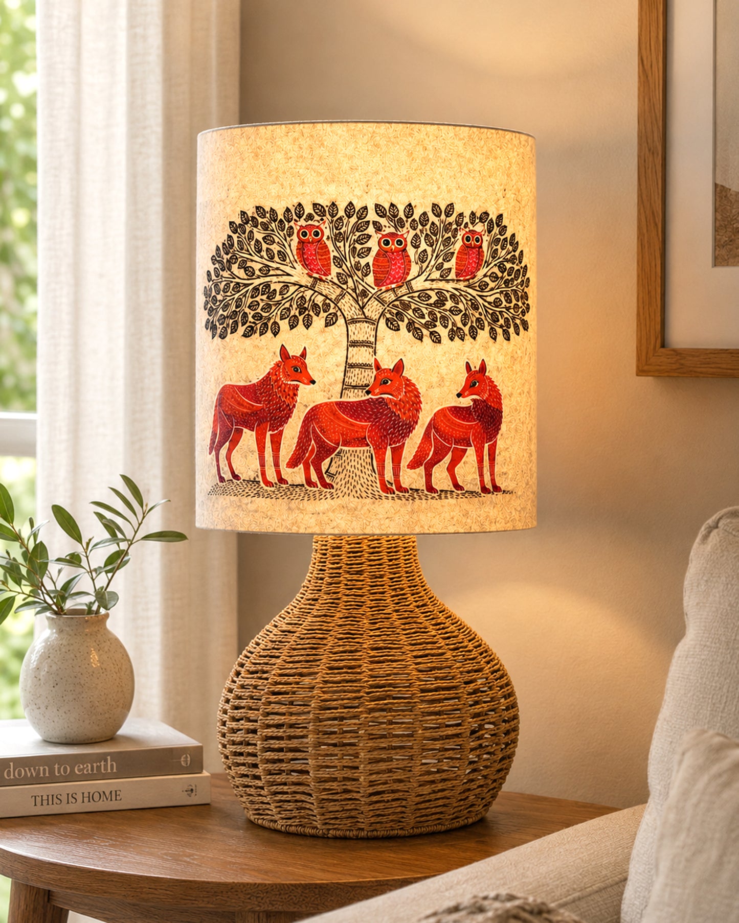 Homesake® Raffia Rattan Table Lamp, Small Nightstand Lamp with Linen Fabric Lampshade, Bedside Lamp for Bedroom, Living Room, Study & Livra Home Décor | Warm Ambient Lighting (Spinning, Jute)