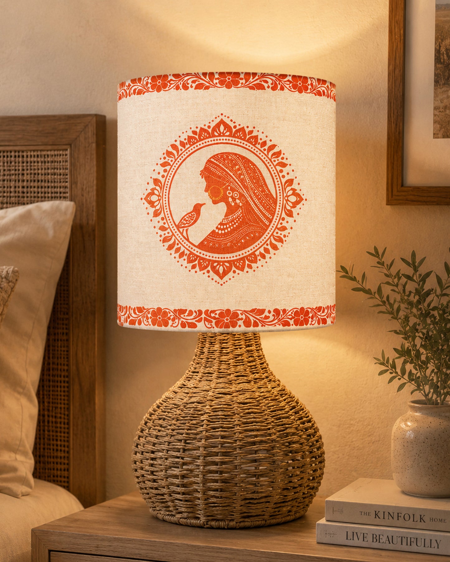 Homesake® Raffia Rattan Table Lamp, Small Nightstand Lamp with Linen Fabric Lampshade, Bedside Lamp for Bedroom, Living Room, Study & Livra Home Décor | Warm Ambient Lighting (Spinning, Jute)