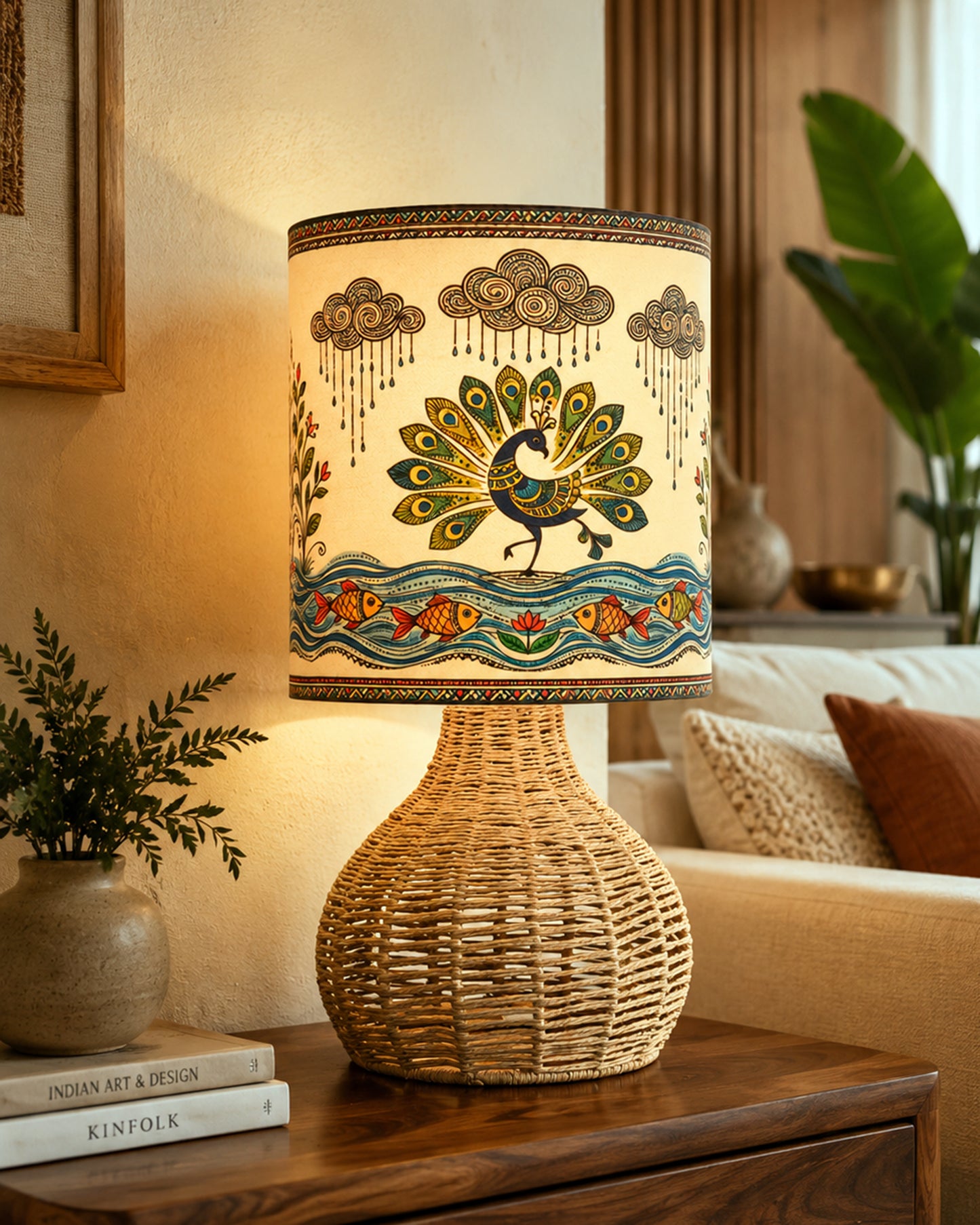 Homesake® Raffia Rattan Table Lamp, Small Nightstand Lamp with Linen Fabric Lampshade, Bedside Lamp for Bedroom, Living Room, Study & Livra Home Décor | Warm Ambient Lighting (Spinning, Jute)