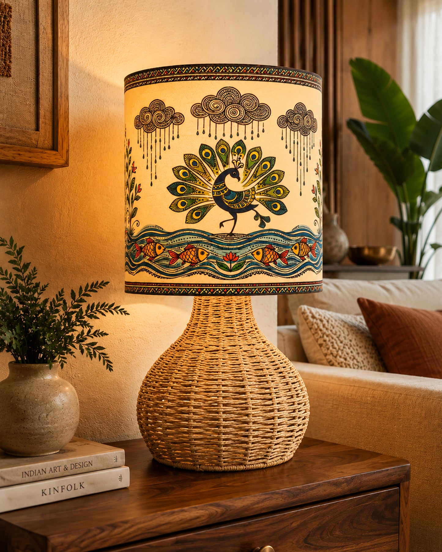 Homesake® Raffia Rattan Table Lamp, Small Nightstand Lamp with Linen Fabric Lampshade, Bedside Lamp for Bedroom, Living Room, Study & Livra Home Décor | Warm Ambient Lighting (Spinning, Jute)