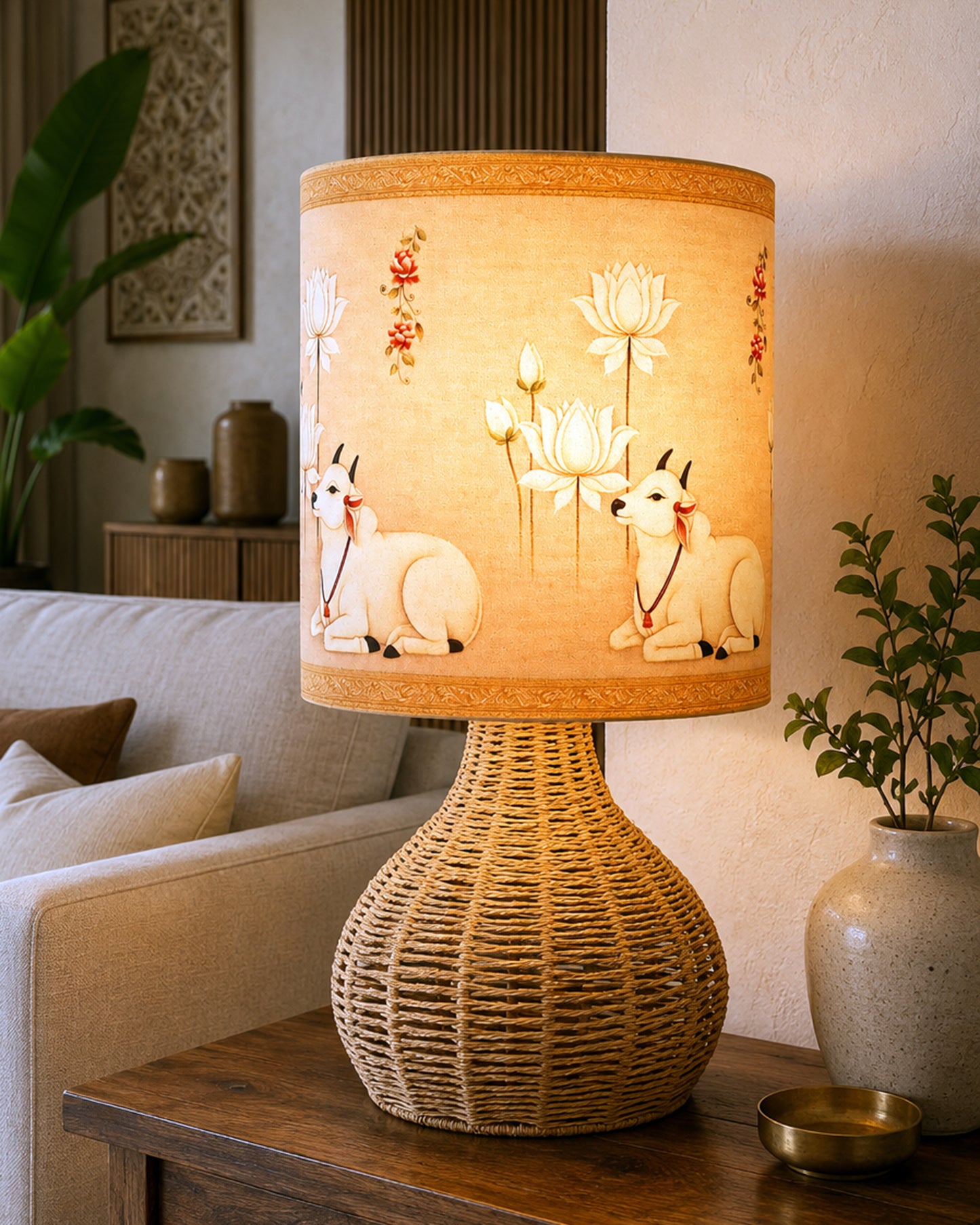 Homesake® Raffia Rattan Table Lamp, Small Nightstand Lamp with Linen Fabric Lampshade, Bedside Lamp for Bedroom, Living Room, Study & Livra Home Décor | Warm Ambient Lighting (Spinning, Jute)