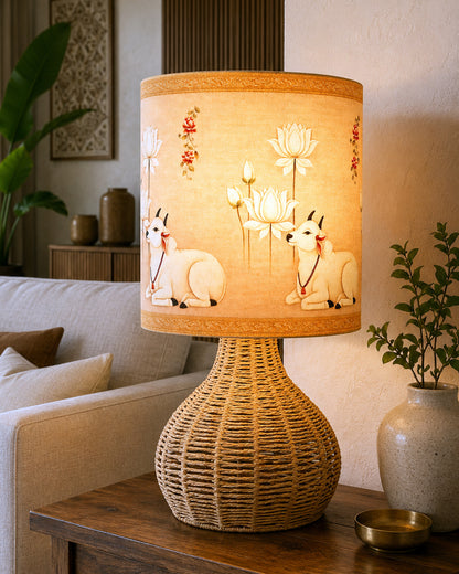 Homesake® Raffia Rattan Table Lamp, Small Nightstand Lamp with Linen Fabric Lampshade, Bedside Lamp for Bedroom, Living Room, Study & Livra Home Décor | Warm Ambient Lighting (Spinning, Jute)