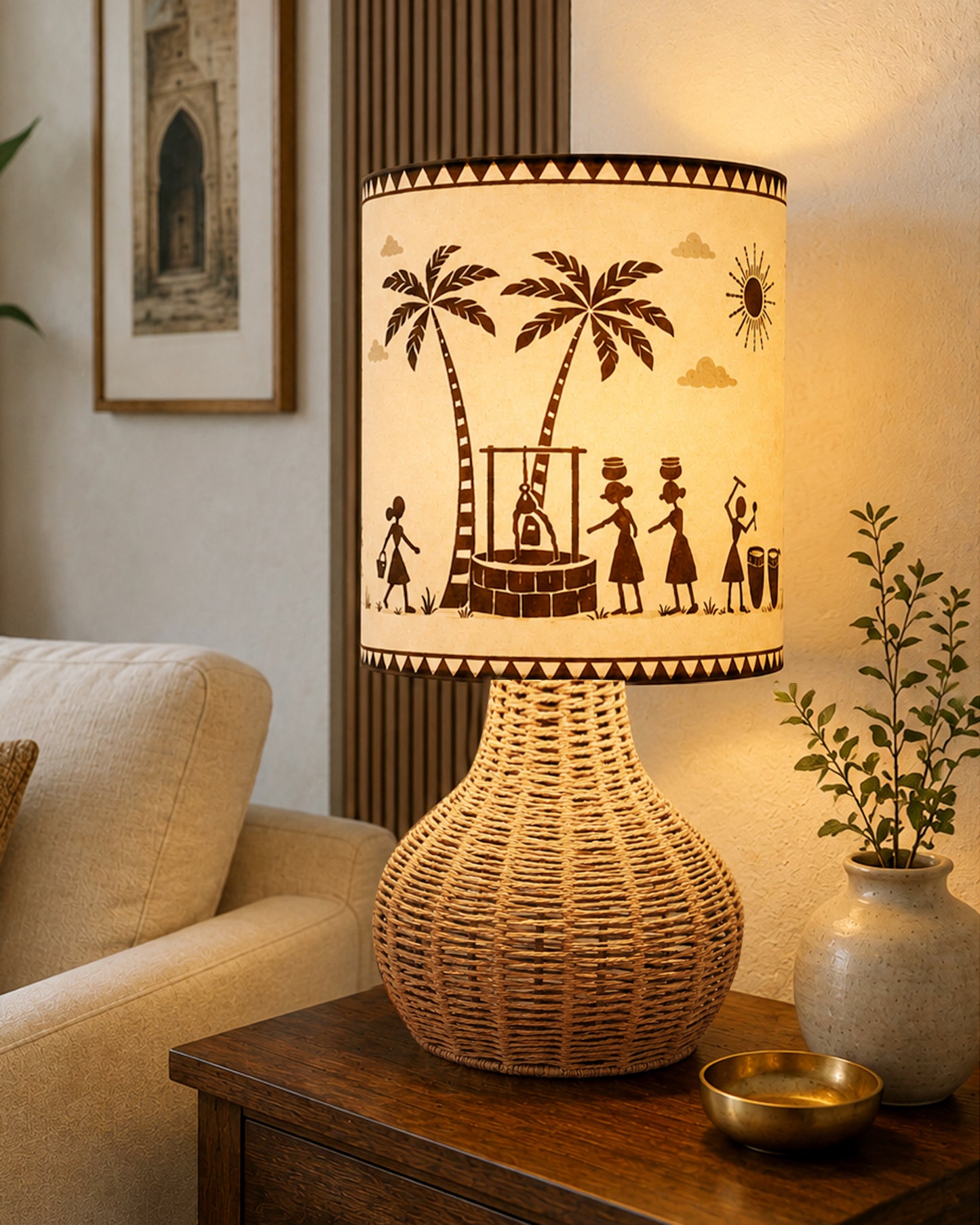Homesake® Raffia Rattan Table Lamp, Small Nightstand Lamp with Linen Fabric Lampshade, Bedside Lamp for Bedroom, Living Room, Study & Livra Home Décor | Warm Ambient Lighting (Spinning, Jute)