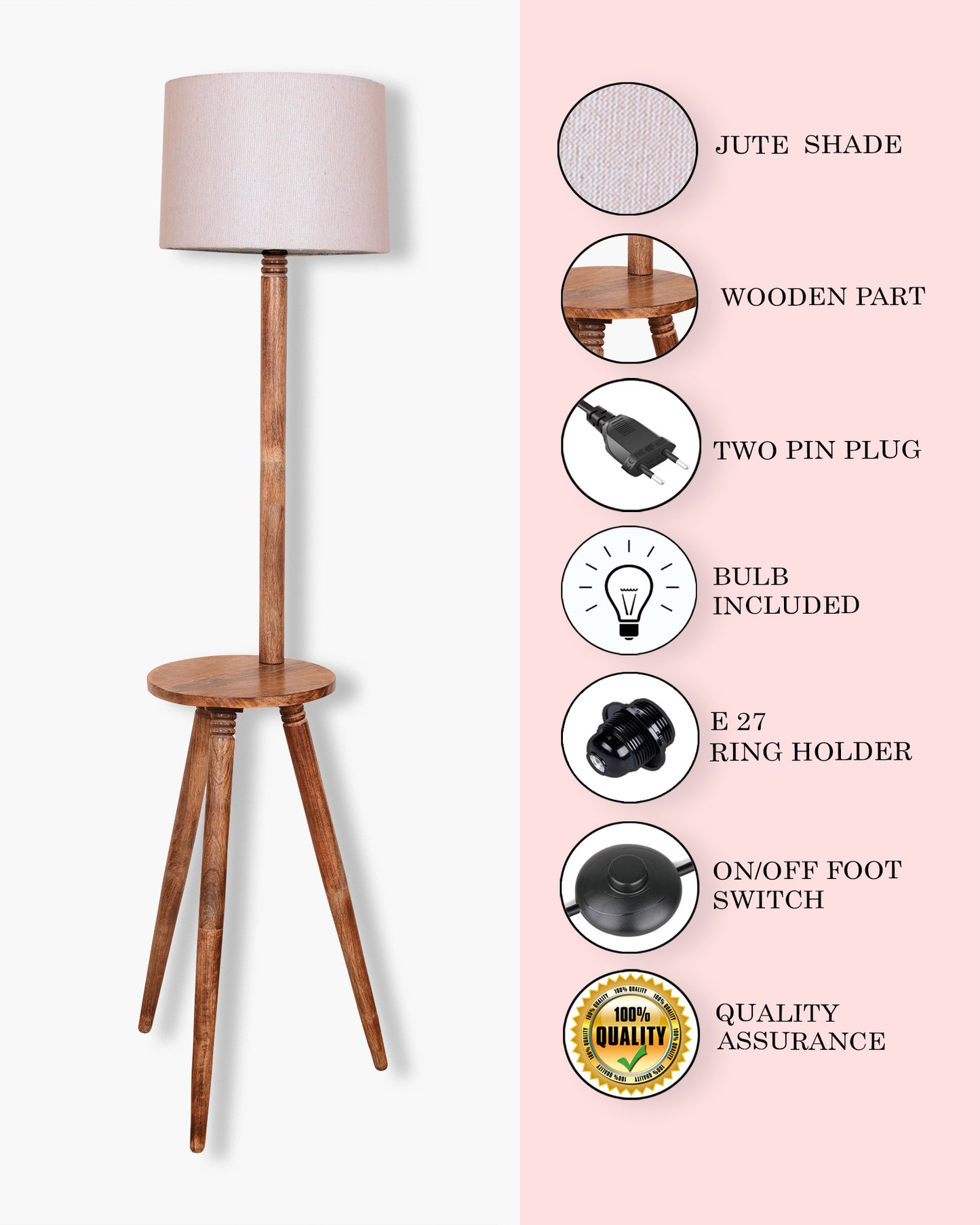 Table,Tripod Wooden Floor Lamp, Mid Century Standing Lamp, E27 Lamp Base, With Shade Modern Design Floor Reading Lamp for Living Room Bedroom, Study Room and Office