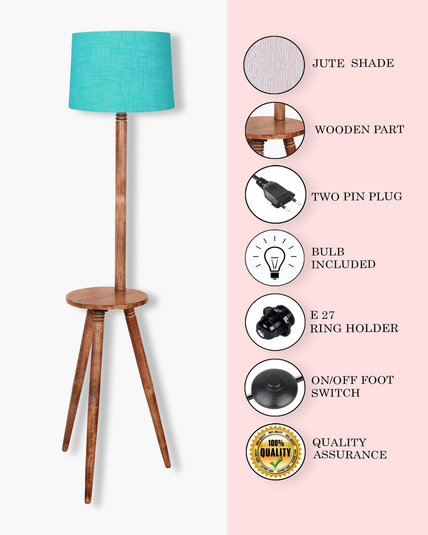 Table,Tripod Wooden Floor Lamp, Mid Century Standing Lamp, E27 Lamp Base, With Shade Modern Design Floor Reading Lamp for Living Room Bedroom, Study Room and Office