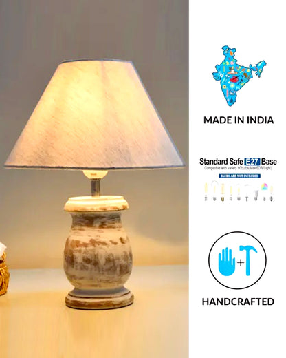 Rustic Wooden Coolie Pot Table Lamp Dome Vintage Small Lamps Whitewash Decorative for Small Spaces Bedside Lamps Suitable for Nightstand Children's Room or University Dormitory, Jute Shade